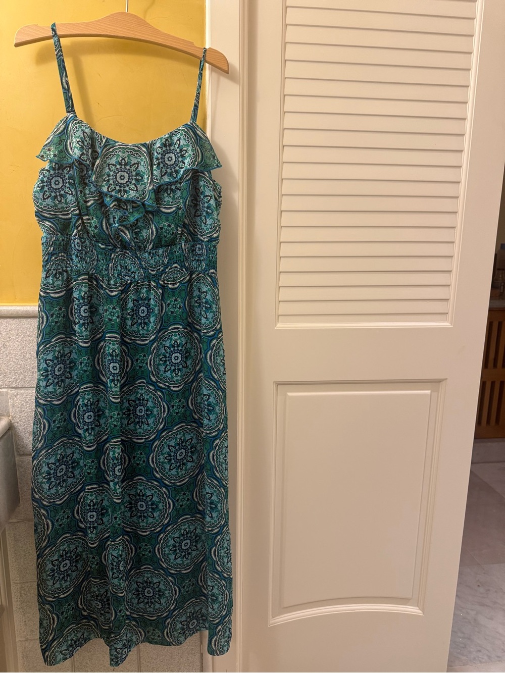 Green & Blue Teal Medallion Ruffle Maxi Dress
